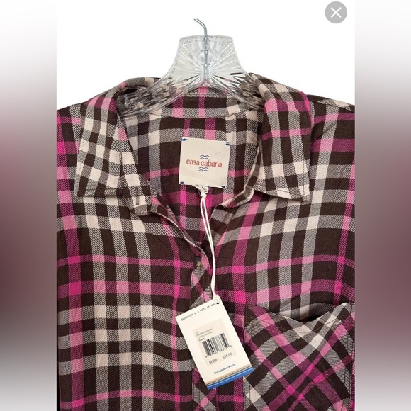 NWT Casa Cabana Plaid Oversized Flannel Button Down Size XS Brown Raspberry - Picture 5 of 6